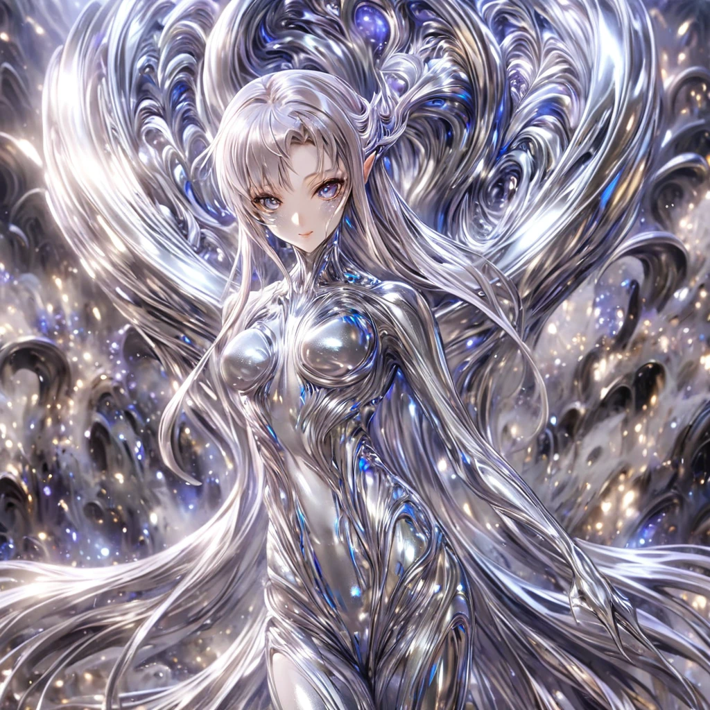 ((Highest quality)), ((masterpiece)), (detailed), (Perfect Face)、The woman is a completely metallic alien named Yuuki Asuna, with metallic silver skin, a metallic silver face, and metallic silver hair in medium-long layers.、The woman is a beautiful metallic alien lifeform, with a metallic face and body.、Women are metallic aliens with inorganic faces