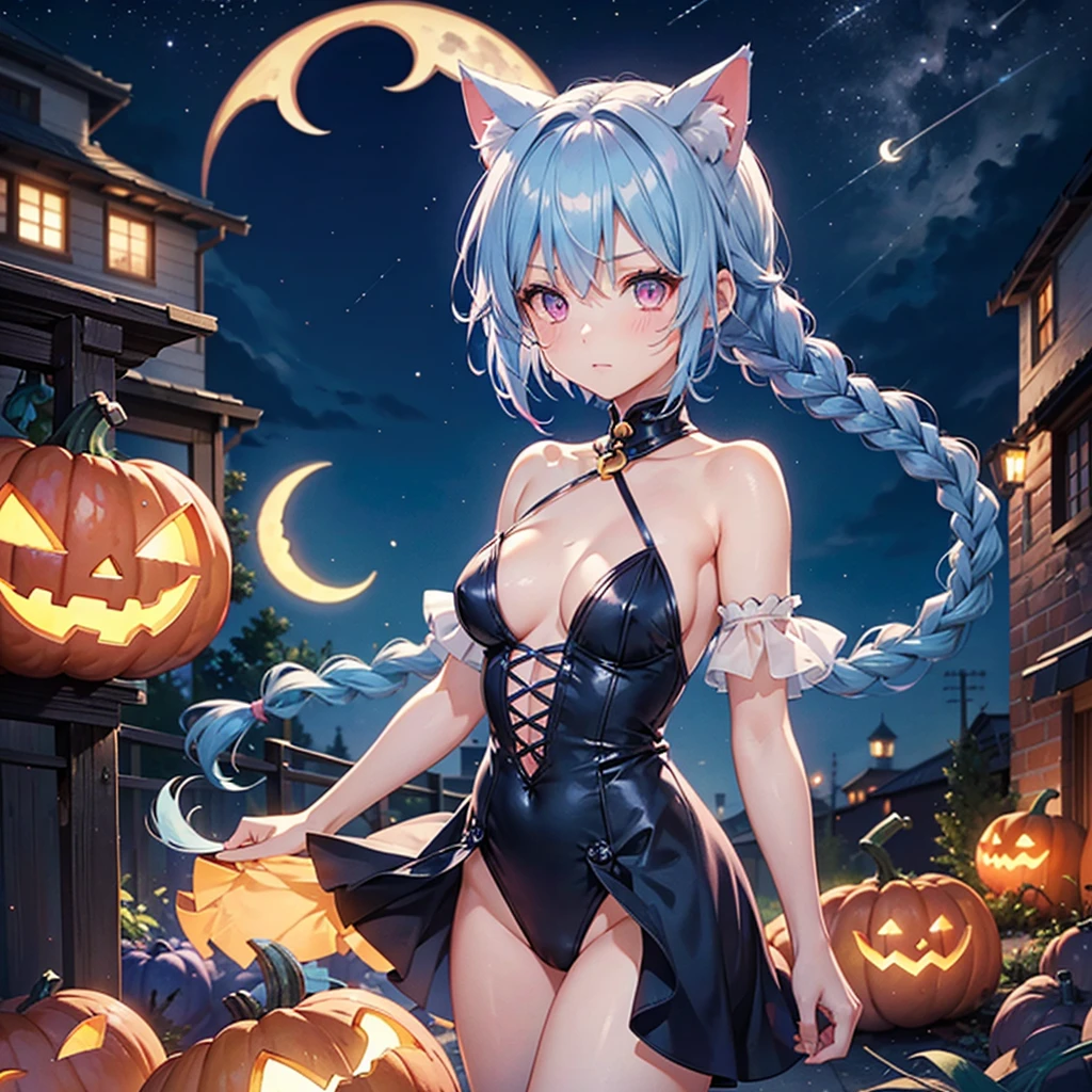 (Sky blue hair),(Braided short hair), (Pink Eyes),Fair skin) ,(whole body),(One Girl),(Crescent Moon),(There are lots of pumpkin ghosts in the background),Cat ear,Cat&#39;s Tail,(Sailor suit),(Ahegao),(Fall into Darkness),If you don't give me sweets, I'll play a prank on you.),Halloween Night Party),(masterpiece, Highest quality, Very detailed, Best Shadow), (Detailed Background), (Beautifully detailed face), High Contrast, (Best lighting, Very delicate and beautiful), ((Cinematic Light)), Hyper Detail,8k, Dramatic Light, Intricate details,night,(Bats flying in the background),Pumpkin handbag,There are sweets in the bag,