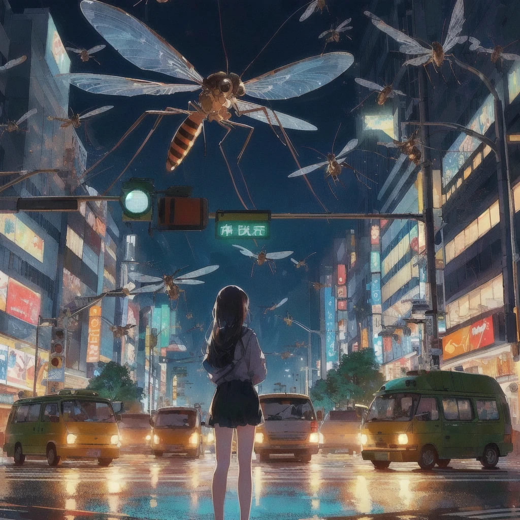 There is a woman standing in the middle of the street with a traffic light.。, A giant mosquito is flying,buzzing fluorescent lights, Album art, !! Stop turning on the light, Chill Hop, Beep daily art, 3840x2160, 3840×2160, Colorful illustration, 80s anime style,realism | Beep, Beep!!
