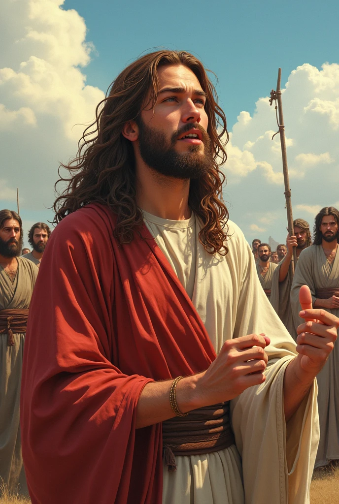 Young people in their 30s、Rustic atmosphere、Wavy long hair、Chestnut Hair、The Lake of Galilee 2000 years ago、Illustration in Japanese fan art style、Preaching to the crowd、Beautiful youth、Brown eyes、beard is thin、No accessories included