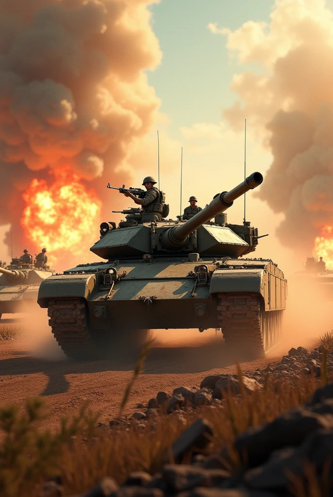 Movie Posters, Armored Tank, Infantry with guns are all around, Explosions are rising, The air of the battlefield, Covered in dust