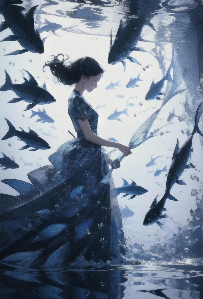 Generate an illustration of a beautiful girl looking at a museum exhibition room lined with fish bone specimens, in the style of Takato Yamamoto. The main focus is on the fish specimens. The exhibition room is dark, and only the fish bone specimens are lit up. Please incorporate fantasy elements into the fantastical scenery.