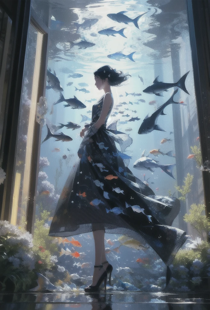 Generate an illustration of a beautiful girl looking at a museum exhibition room lined with fish bone specimens, in the style of Takato Yamamoto. The main focus is on the fish specimens. The exhibition room is dark, and only the fish bone specimens are lit up. Please incorporate fantasy elements into the fantastical scenery.