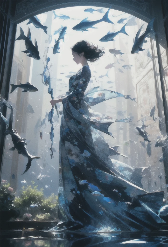 Generate an illustration of a beautiful girl looking at a museum exhibition room lined with fish bone specimens, in the style of Takato Yamamoto. The main focus is on the fish specimens. The exhibition room is dark, and only the fish bone specimens are lit up. Please incorporate fantasy elements into the fantastical scenery.