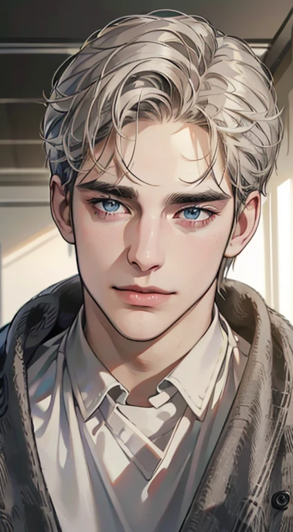 (best quality,4k,8k,highres,masterpiece:1.2),ultra-detailed,(realistic,photorealistic,photo-realistic:1.37),1 man,31 years old,mature man,very handsome,without expression,smile,short grey golden hair,blue eyes,penetrating gaze,perfect face without errors,imposing posture,businessman,office background,cinematic lighting,hdr image