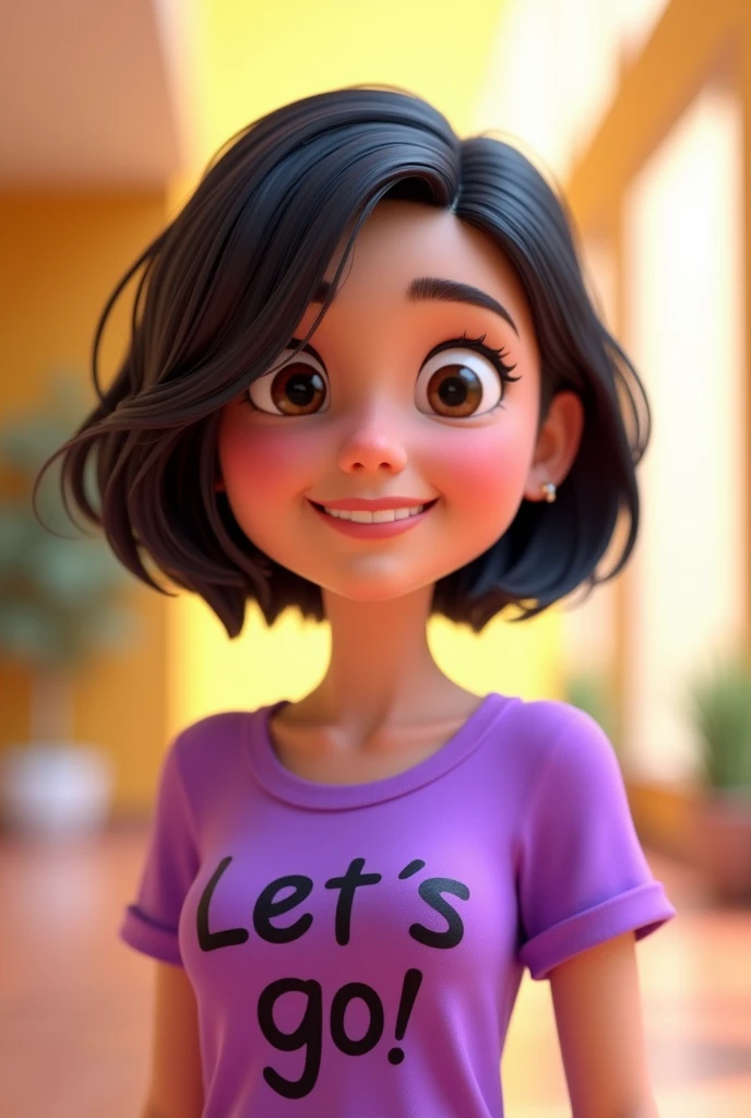 3D animation woman with short black hair, Pixar style, purple blouse with black writing, let's go, smiling