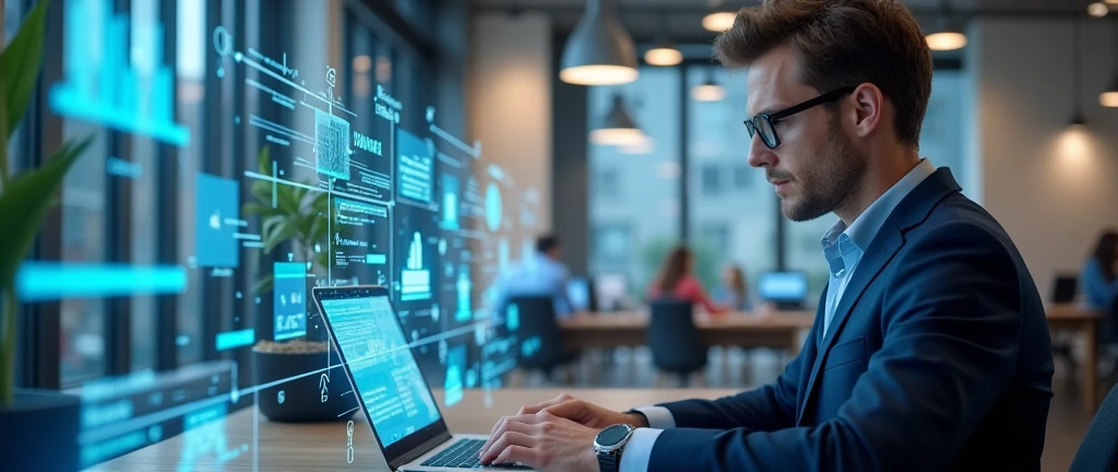 tech-savvy professional, focused men, modern office environment, laptop screen displaying project data, augmented reality social media icons, internet of things concept, connected devices, digital overlay, natural lighting, subtle shadows,