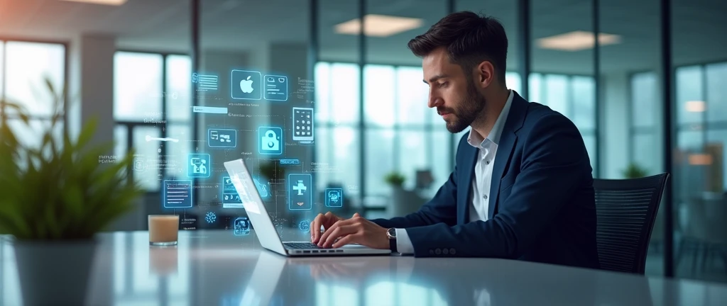 tech-savvy professional, focused men, modern office environment, laptop screen displaying project data, augmented reality social media icons, internet of things concept, connected devices, digital overlay, natural lighting, subtle shadows,