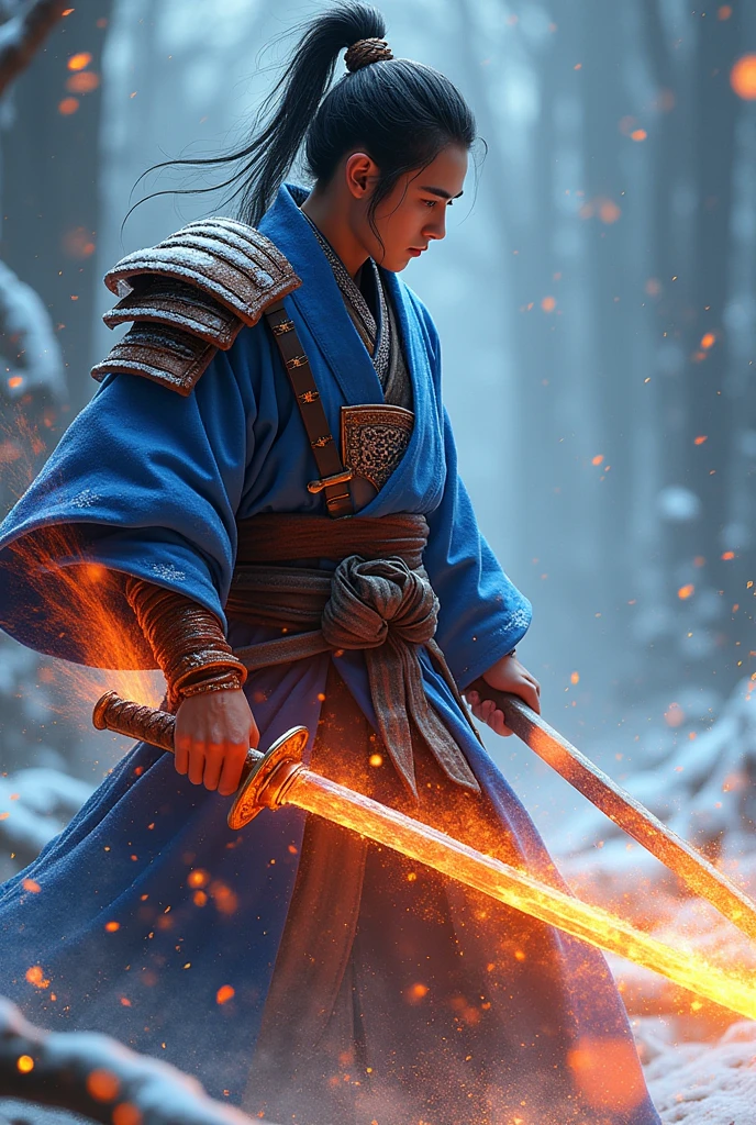 Create a Japanese male god of fire and Ice with a frost fire katana