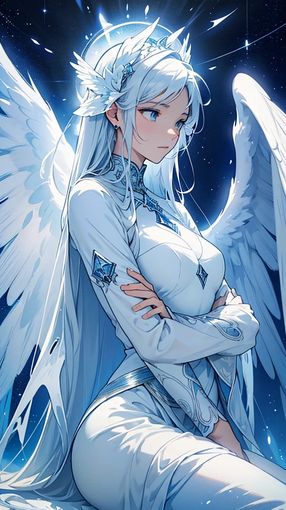 Design a mystical and serene cover featuring a guardian angel with soft glowing wings, surrounded by ethereal light. Include elements like clouds and stars to enhance the celestial theme. The title 'Guardian Angels AUDIOBOOK' should be prominently displayed in an elegant, readable font, with a calming color palette of blues and whites."