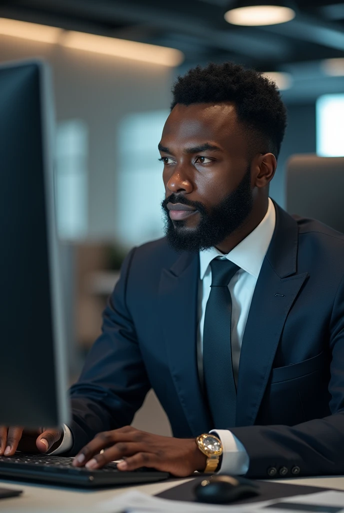 Accounter black men front off computer