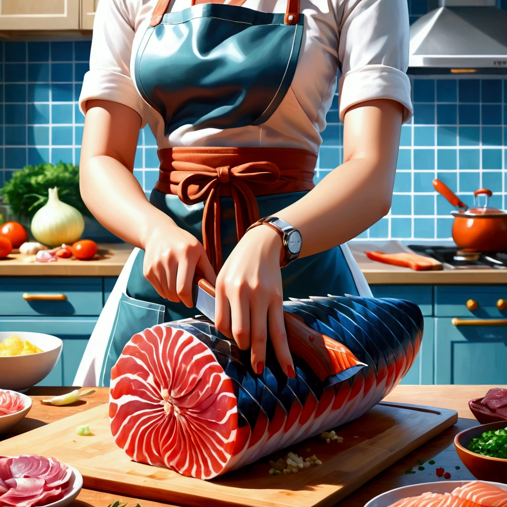 cutting board,knife,kitchen,food,watch,kitchen knife,1girl,apron,solo,indoors,holding knife,onion,holding,fingernails,bowl,meat,cut fish meat,sashimi,