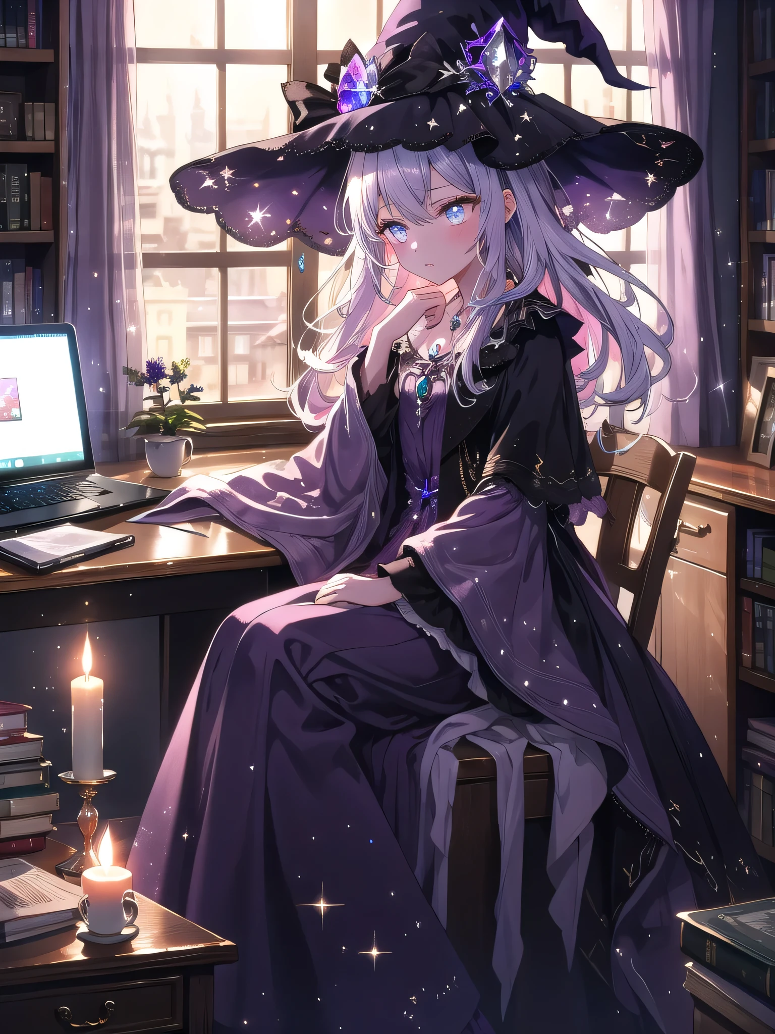 ((8k, Highest quality, masterpiece: 1.3)),Ultra-high resolution,(1 girl, alone), (Color changing eyes, Ultra-detailed, Expressive brilliance, Glitter, Glowing Eyes), Highly detailed eyes, Highly detailed face, Random Hair, ((pastel colour)),A relaxed young woman with long, pastel lavender hair, sitting comfortably at her desk in her small, neatly organized bedroom. It’s late at night, and the only light in the room comes from her computer screen and a small desk lamp, casting a soft glow on her. She’s dressed in a witch cosplay, wearing a deep purple velvet dress with silver embroidery, a pointed hat, and a small crystal pendant around her neck. The camera captures her from a side angle as she scrolls through cosplay forums on her computer, her expression content and absorbed. Her room is filled with personal touches, including a bookshelf full of fantasy novels, a few candles burning on the windowsill, and a cauldron-shaped mug sitting on her desk.