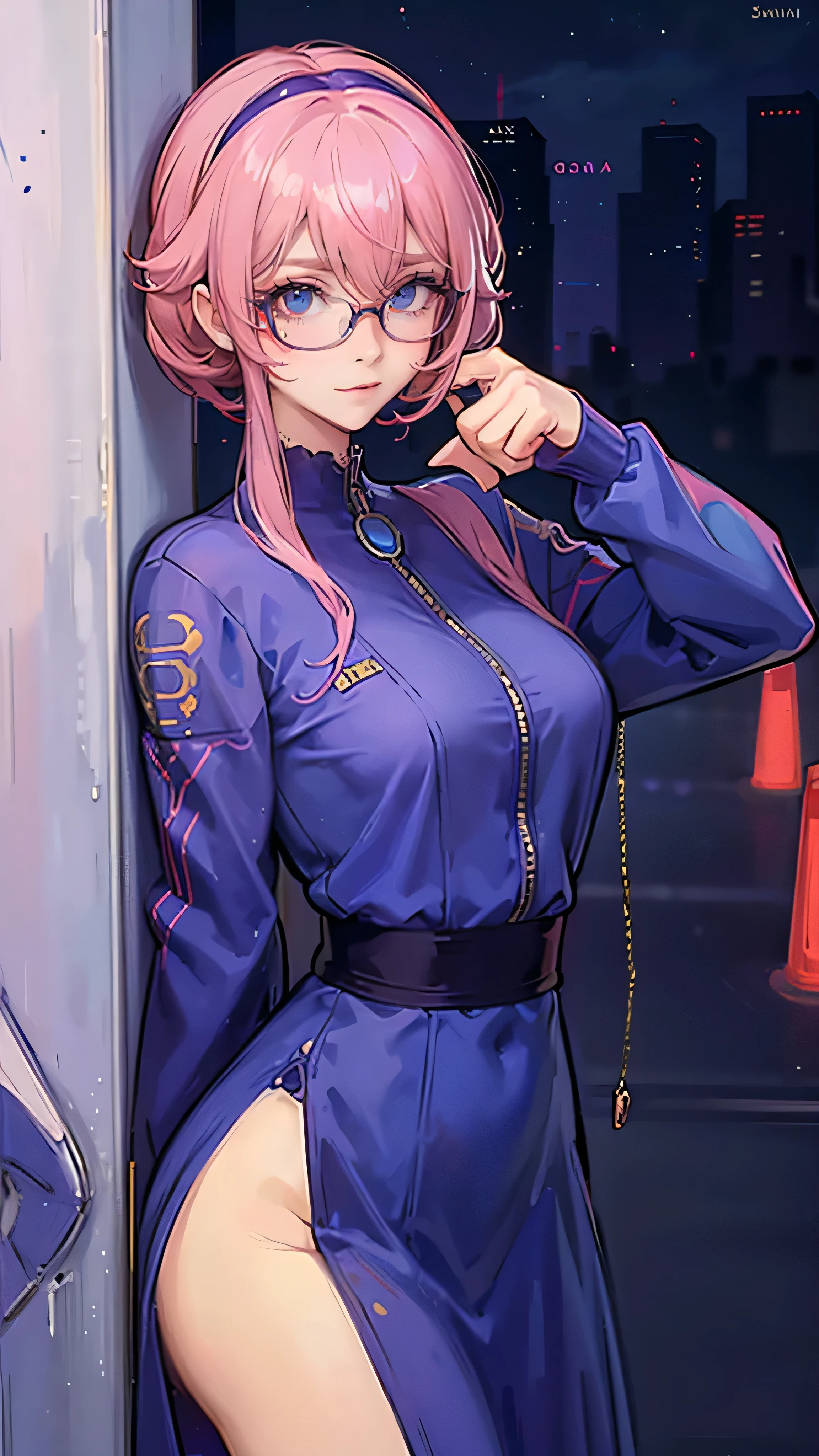 anime,An illustration,purple robot,Mobile Suit,Dom,Light blue check dress,Red glasses,Blonde,Light blue mesh hair,beautiful girl,Sora Sakurano,One person