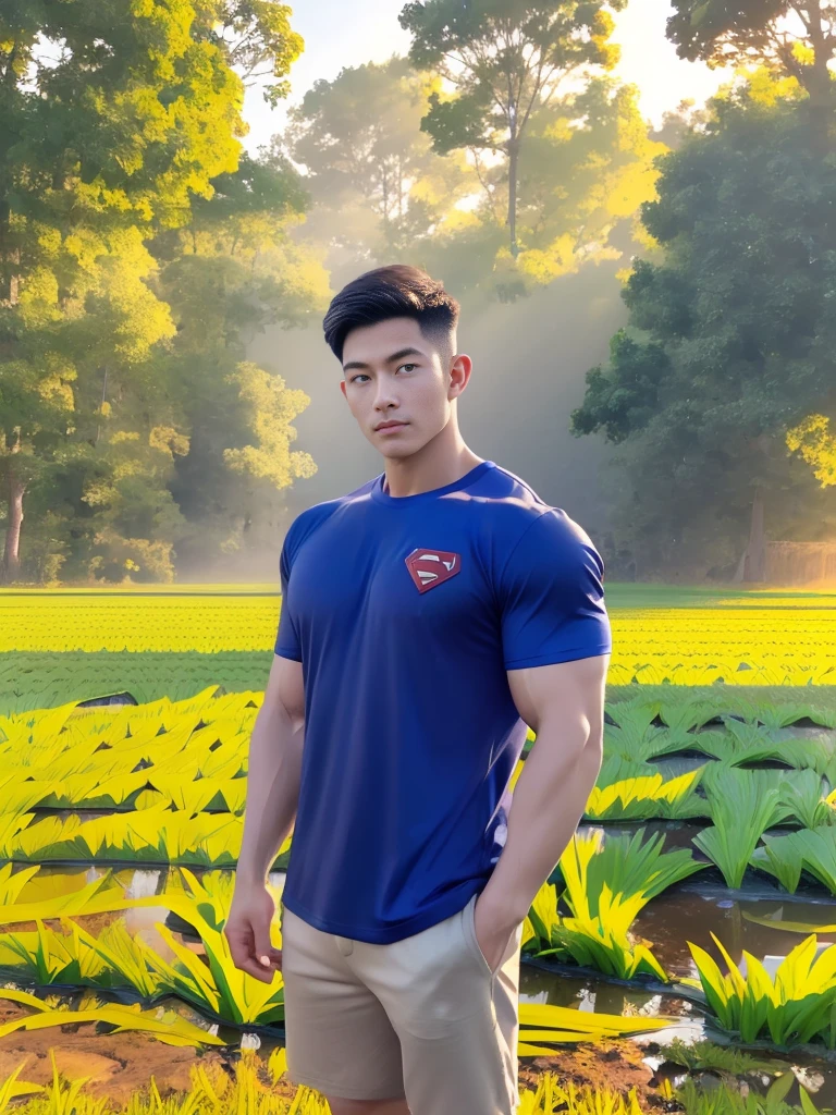 (armface:1.3) , Handsome young man, (have a mustache:0.9) ,( (short hair:1.2), (Wear a short-sleeved t-shirt.), (Navy blue shirt with superman pattern: 0.9), Big muscles, Handsome and muscular, full body angle, , (Rice field in the evening:1.1), natural light