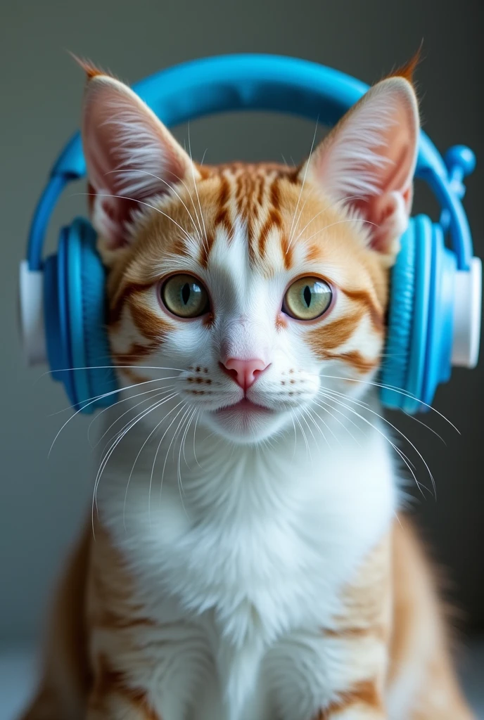 cat,wear a blue and white earmachine,