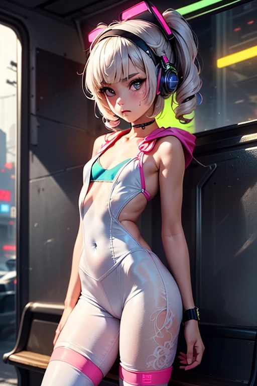 1girl, innocent, alone, ((waiting a bus:1.5)), (view_from_front:1.5), (instagram yanakryukova), (seductive_facial_expression:1.4), sweety, cute, kawaii, perfect face, galactic_young_princess, ((little breasts, flat_chested, small chest:1.6)), ((little nipples, natural nipples)), top model figure, (skinny), (perfect little ass, round ass, long legs, slim legs), pale skin, soft skin, caucasian teenager, slender girl, natural make-up on eyes only, perfecteyes, black_eyes, (innocent_looking:1.4), oval jaw, freckles, natural_beauty, (white hair, bright pink hair, dreadlocked pigtails, long bangs, drill hair), ((she is wearing a white transparent lace bodysuit,  print white cotton leggings, white transparent lace hoodie, lace collarbone, cleavage cutout, cameltoe, and techwear high boots)), ((wearing an intricate detailed techwear white outfit)), ((cute neon head accesories:1.6)), punk_hair_ornaments, pastel_goth, punk, fantasy_princess, necklace, earring, cute 18 years old girl, skinny young girl, white theme, (bokeh, depth of field, blurry background, light particles, fog), ((detailed sci-fi cyberpunk bus stop background:1.6)), ((real life, realistic, profesional photography, photo_realistic, hyper_realism, ultra-detailed)), photography by Tim Walker, Tim Walker masterpiece, best_quality, 8K, soft tones, pastel tones, low saturation, (contrast:0.3), muted colors, cold light, neon, Ex_Machina_movie, studio light