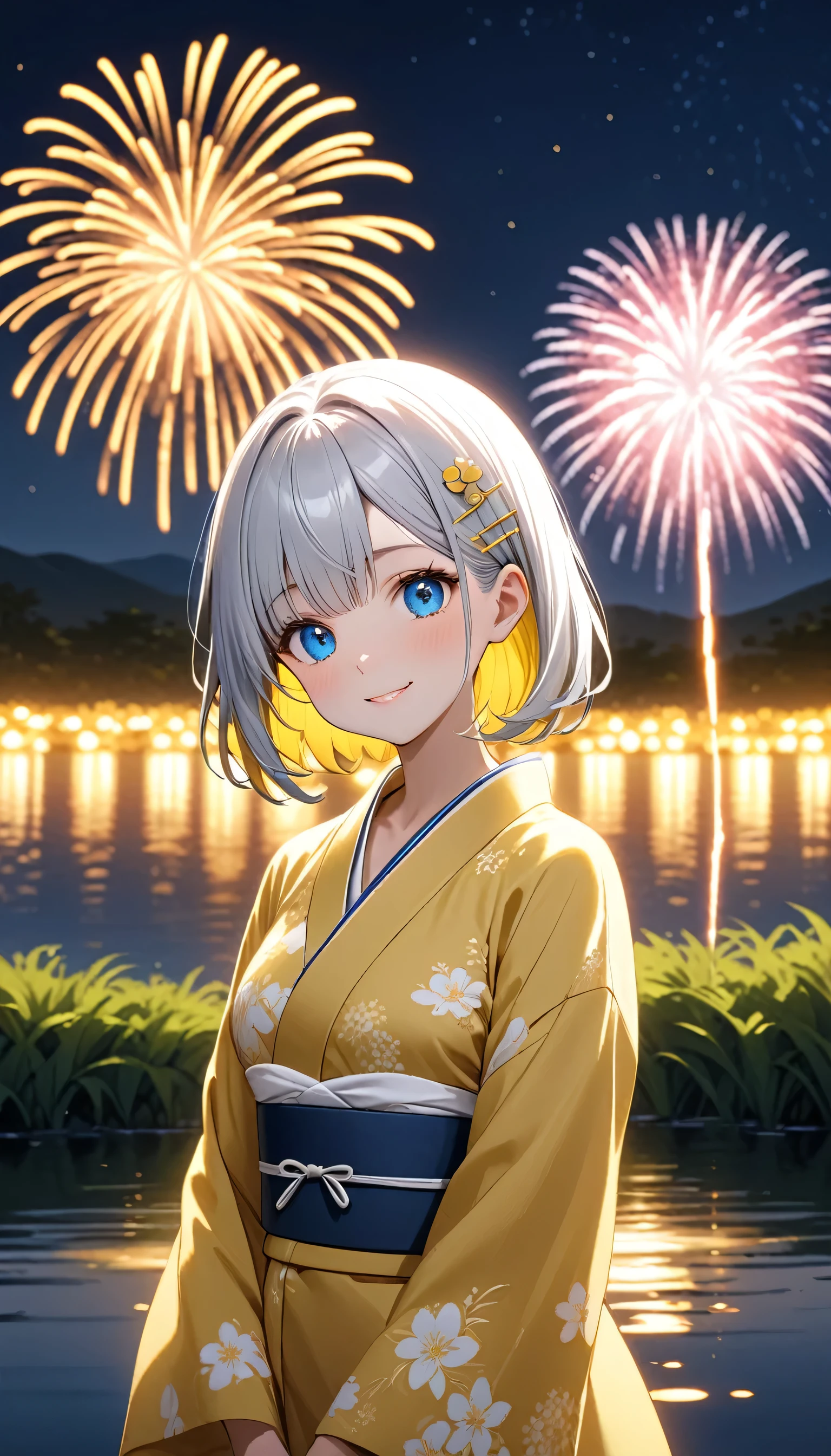 standing in front of a lake with fireworks, Silver bob hair with golden inner color and blue eyes、A cute character wearing a plain yellow yukata with a white obi。There is a yellow hairpin in her hair.、smile。Light up your face in a dimly lit atmosphere。Emotional atmosphere。