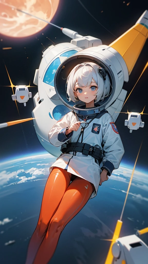 13 year old girl, Wear a Thai school uniform,short hair,doing science experiments,Lift the test tube and look at it.,in the center of the picture,The background is Thailand in the future.,Humans, robots, and various technologies coexist., Show various atmosphere layers,Satellites, rockets and astronauts, There are many genetic chemical equations as a background. Albert Einstein Galileo Galilei, the father of Thai scienceundefined,