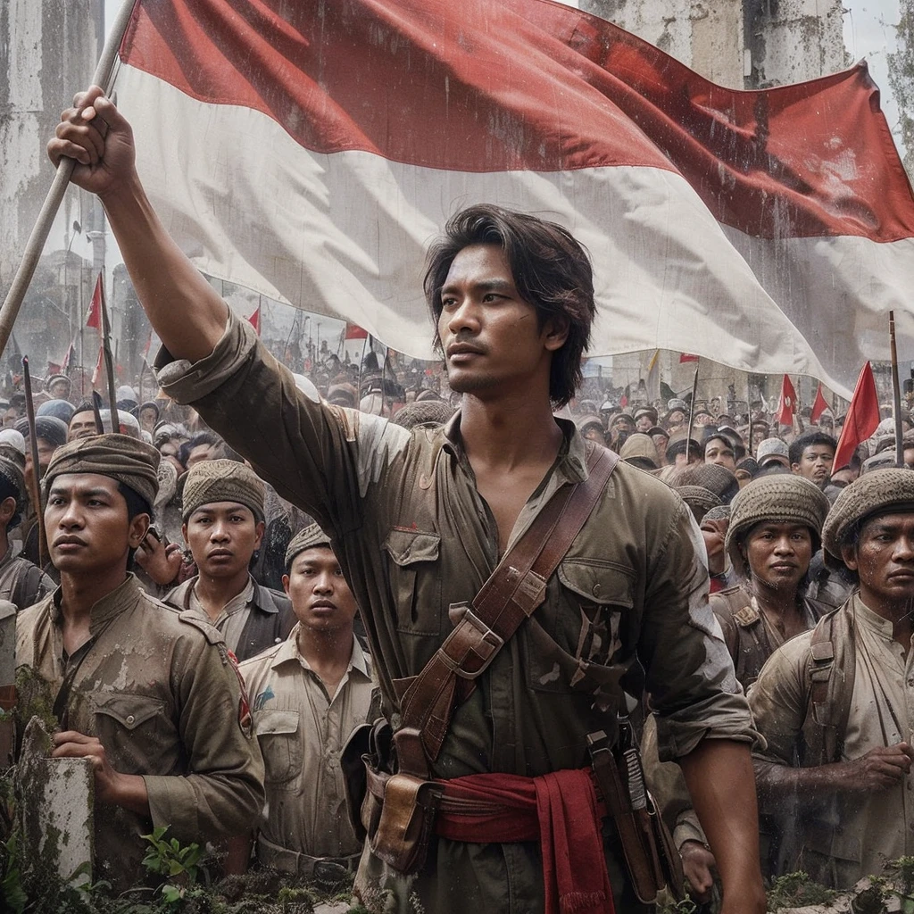 Image of a handsome Indonesian man, 30 years old, with layered hair, an Indonesian fighter's clothing from the past, One hand clenched up carrying the flag and full of enthusiasm with other fighters struggling, In the midst of the invaders' attack, carrying the flag, Indonesia, Old wall background with faded moss paint, gambar HD,Retro Image, Realistic Image, real picture, Figure 4d,Mural image of the red and white flag waving, Black and white detail