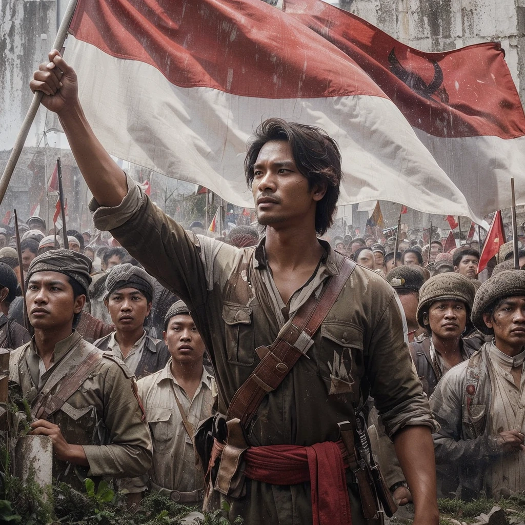 Image of a handsome Indonesian man, 30 years old, with layered hair, an Indonesian fighter's clothing from the past, One hand clenched up carrying the flag and full of enthusiasm with other fighters struggling, In the midst of the invaders' attack, carrying the flag, Indonesia, Old wall background with faded moss paint, gambar HD,Retro Image, Realistic Image, real picture, Figure 4d,Mural image of the red and white flag waving, Black and white detail