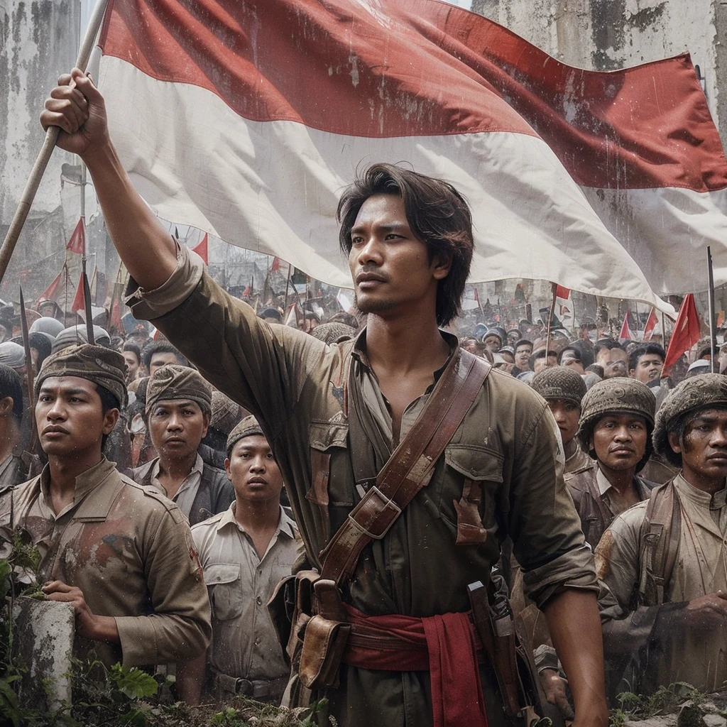 Image of a handsome Indonesian man, 30 years old, with layered hair, an Indonesian fighter's clothing from the past, One hand clenched up carrying the flag and full of enthusiasm with other fighters struggling, In the midst of the invaders' attack, carrying the flag, Indonesia, Old wall background with faded moss paint, gambar HD,Retro Image, Realistic Image, real picture, Figure 4d,Mural image of the red and white flag waving, Black and white detail