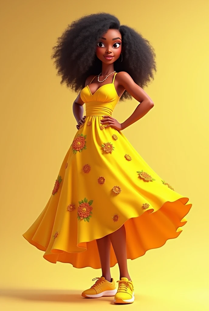 A highly detailed 3D African American woman. Full body image. Pixar, Disney like. Plain background. A social media influencer wearing a beautiful round flower dress yellow sneakers