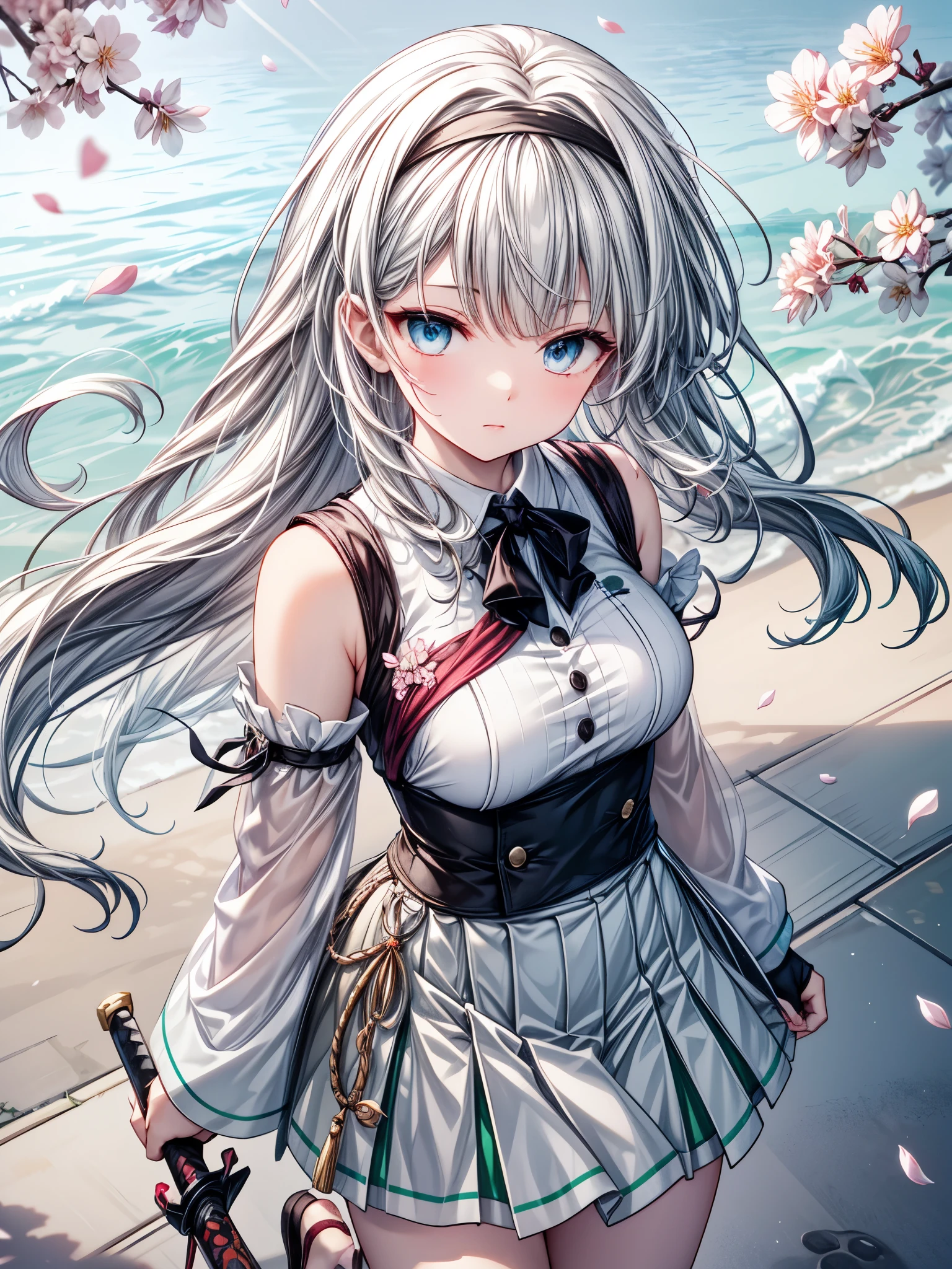 konpaku youmu, konpaku youmu, Oriental Project, Oriental Project, Oriental Project, whole body, Top View, Focus on the eyes, With sword, Sweat drops, girl, age girl, Messy white long hair, Messy Hair, Air Van, Grey Hair, Hair blowing in the wind, Ridiculously long hair, Beautiful Face, ^ ^, Green Eyes, Lips parted, Delicate arms and hands, Large Breasts, Perfect and delicate limbs, Pale blue eyes, Light Skin, Fingerless gloves, Details of super clothes, Sleeveless shirt, White Skirt, Sandals, Skirt fluttering in the wind, The body was cut off, Cool clothes, Falling petals, cherry blossoms, Intricate details, wallpaper 8k CG, Highest quality,