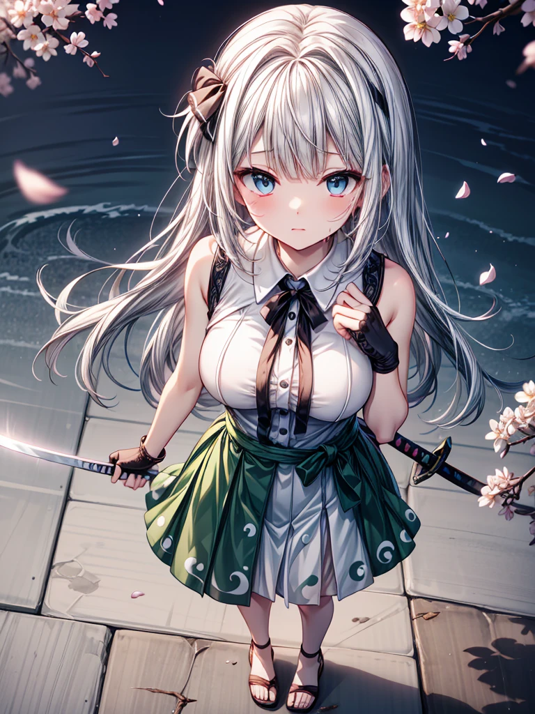 konpaku youmu, konpaku youmu, Oriental Project, Oriental Project, Oriental Project, whole body, Top View, Focus on the eyes, With sword, Sweat drops, girl, teenage girl, Messy white long hair, Messy Hair, Air Van, Grey Hair, Hair blowing in the wind, Ridiculously long hair, Beautiful Face, ^ ^, Green Eyes, Lips parted, Delicate arms and hands, Large Breasts, Perfect and delicate limbs, Pale blue eyes, Light Skin, Fingerless gloves, Details of super clothes, Sleeveless shirt, White Skirt, Sandals, Skirt fluttering in the wind, The body was cut off, Cool clothes, Falling petals, cherry blossoms, Intricate details, wallpaper 8k CG, Highest quality,