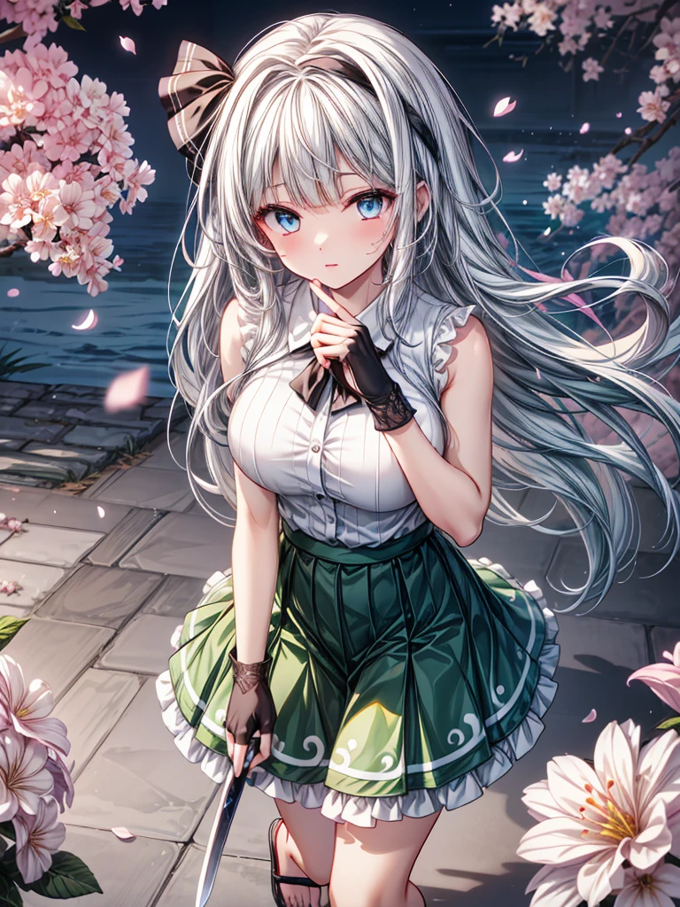 konpaku youmu, konpaku youmu, Oriental Project, Oriental Project, Oriental Project, whole body, Top View, Focus on the eyes, With sword, Sweat drops, girl, teenage girl, Messy white long hair, Messy Hair, Air Van, Grey Hair, Hair blowing in the wind, Ridiculously long hair, Beautiful Face, ^ ^, Green Eyes, Lips parted, Delicate arms and hands, Large Breasts, Perfect and delicate limbs, Pale blue eyes, Light Skin, Fingerless gloves, Details of super clothes, Sleeveless shirt, White Skirt, Sandals, Skirt fluttering in the wind, The body was cut off, Cool clothes, Falling petals, cherry blossoms, Intricate details, wallpaper 8k CG, Highest quality,