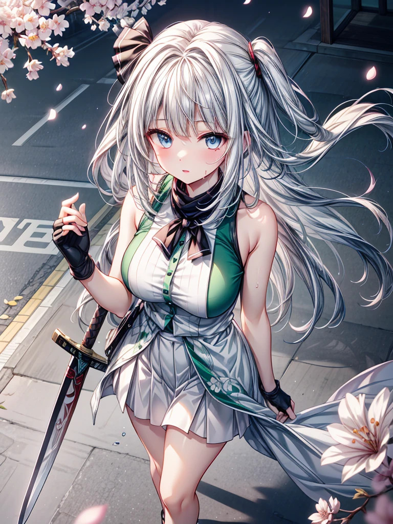 konpaku youmu, konpaku youmu, Oriental Project, Oriental Project, Oriental Project, whole body, Top View, Focus on the eyes, With sword, Sweat drops, girl, teenage girl, Messy white long hair, Messy Hair, Air Van, Grey Hair, Hair blowing in the wind, Ridiculously long hair, Beautiful Face, ^ ^, Green Eyes, Lips parted, Delicate arms and hands, Large Breasts, Perfect and delicate limbs, Pale blue eyes, Light Skin, Fingerless gloves, Details of super clothes, Sleeveless shirt, White Skirt, Sandals, Skirt fluttering in the wind, The body was cut off, Cool clothes, Falling petals, cherry blossoms, Intricate details, wallpaper 8k CG, Highest quality,