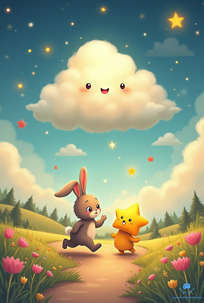 a drawing of a bunny and a star going towards a talking cloud 
