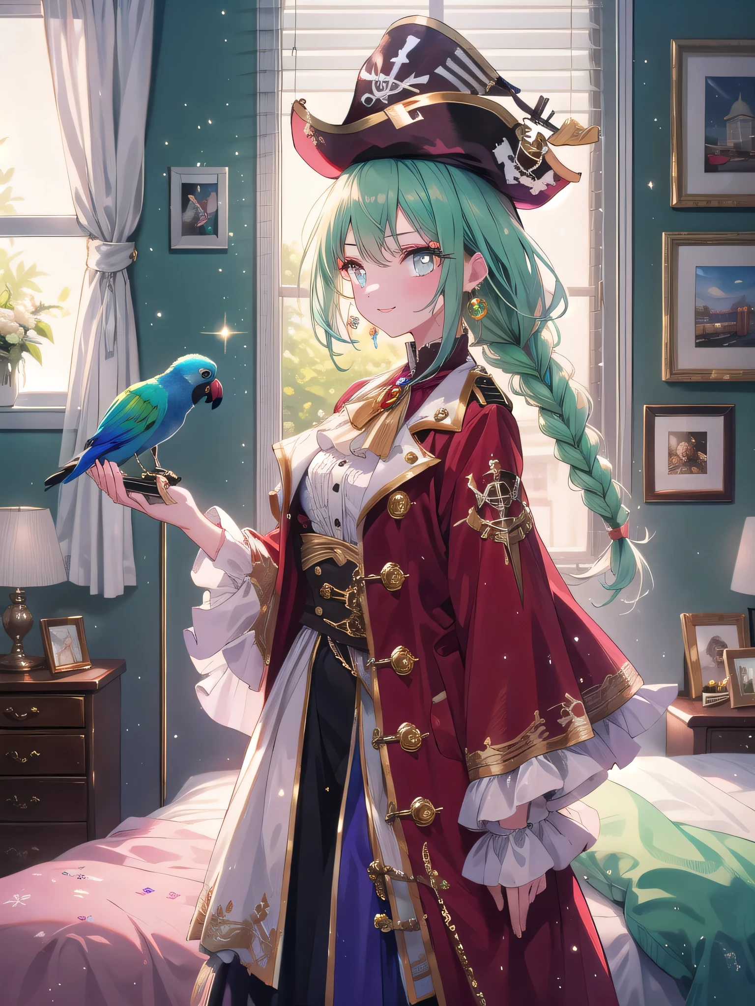 ((8k, Highest quality, masterpiece: 1.3)),Ultra-high resolution,(1 girl, alone), (Color changing eyes, Ultra-detailed, Expressive brilliance, Glitter, Glowing Eyes), Highly detailed eyes, Highly detailed face, Random Hair, ((pastel colour)),A lively young woman with pastel green hair styled in a loose braid, standing in front of her closet in her room, trying on different accessories for her pirate captain cosplay. The afternoon light filters through the blinds, illuminating the room in soft, natural light. She is wearing a red velvet coat with gold embroidery, a white blouse with ruffled sleeves, and a tricorn hat. The camera captures her from a mid-angle, focusing on her playful smile as she holds up a toy parrot, considering adding it to her outfit. The room is decorated with a mix of travel souvenirs, posters of famous pirate movies, and a small treasure chest on her bedside table filled with various cosplay jewelry.