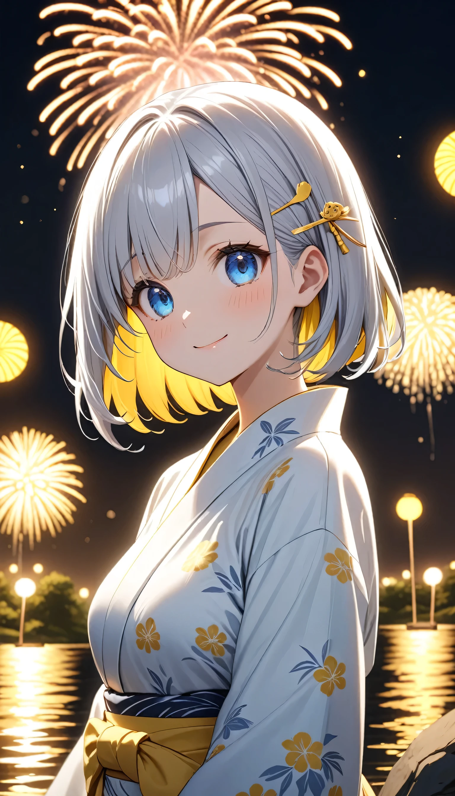 standing in front of a lake with fireworks, Silver bob hair with golden inner color and blue eyes、A cute character wearing a plain yellow yukata with a white obi。There is a yellow hairpin in her hair.、smile。Light up your face in a dimly lit atmosphere。Emotional atmosphere。