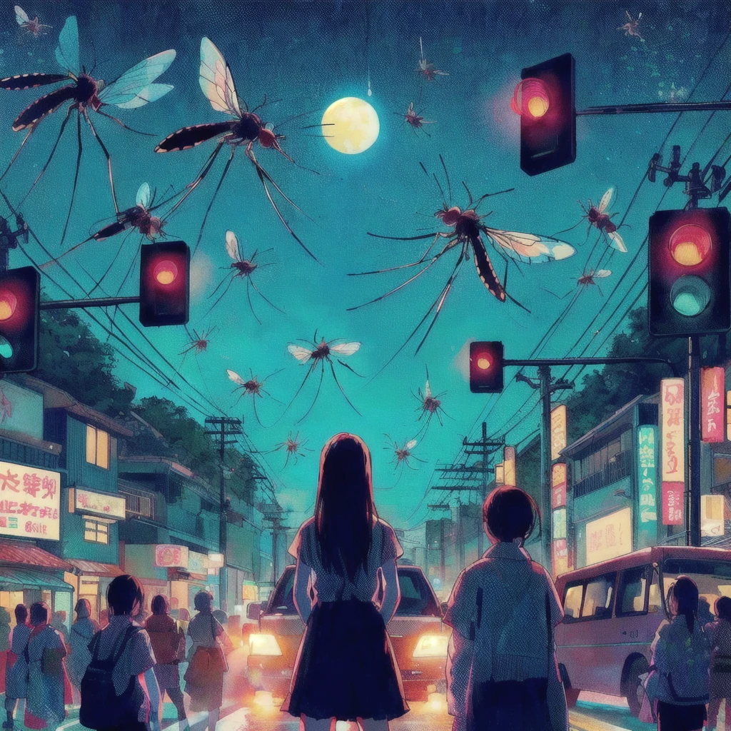There is a woman standing in the middle of the street with a traffic light.。, A giant mosquito is flying,buzzing fluorescent lights, Album art, !! Stop turning on the light, Chill Hop, Beep daily art, 3840x2160, 3840×2160, Colorful illustration, 80s anime style,realism | Beep, Beep!!