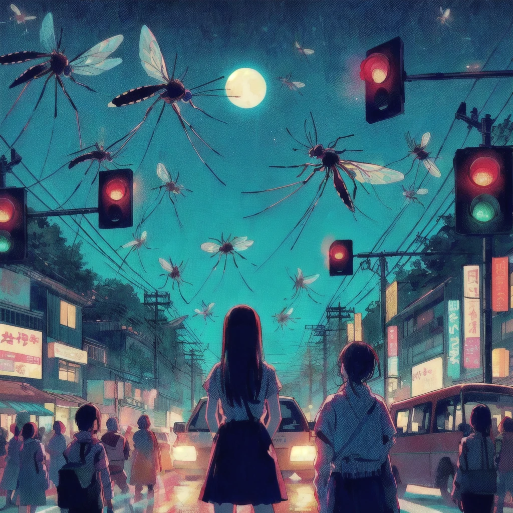 There is a woman standing in the middle of the street with a traffic light.。, A giant mosquito is flying,buzzing fluorescent lights, Album art, !! Stop turning on the light, Chill Hop, Beep daily art, 3840x2160, 3840×2160, Colorful illustration, 80s anime style,realism | Beep, Beep!!