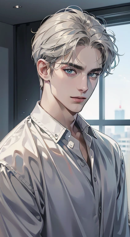 (best quality,4k,8k,highres,masterpiece:1.2),ultra-detailed,(realistic,photorealistic,photo-realistic:1.37),1 man,31 years old,mature man,very handsome,without expression,smile,short grey golden hair,blue eyes,penetrating gaze,perfect face without errors,imposing posture,businessman,office background,cinematic lighting,hdr image
