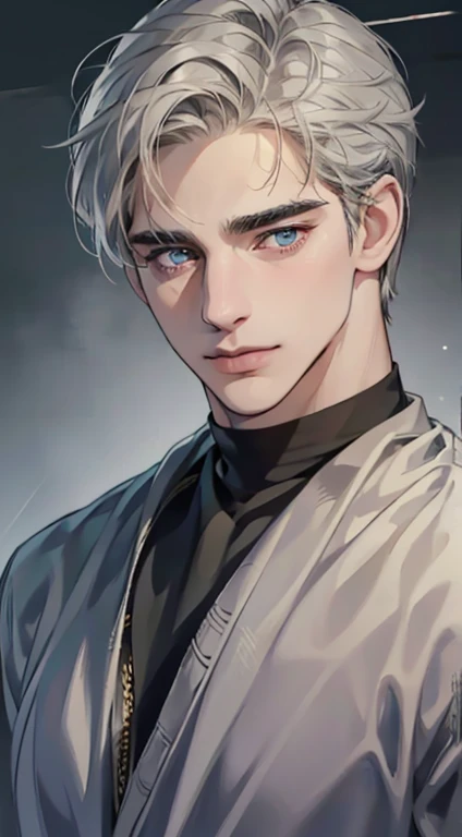 (best quality,4k,8k,highres,masterpiece:1.2),ultra-detailed,(realistic,photorealistic,photo-realistic:1.37),1 man,31 years old,mature man,very handsome,without expression,smile,short grey golden hair,blue eyes,penetrating gaze,perfect face without errors,imposing posture,businessman,office background,cinematic lighting,hdr image