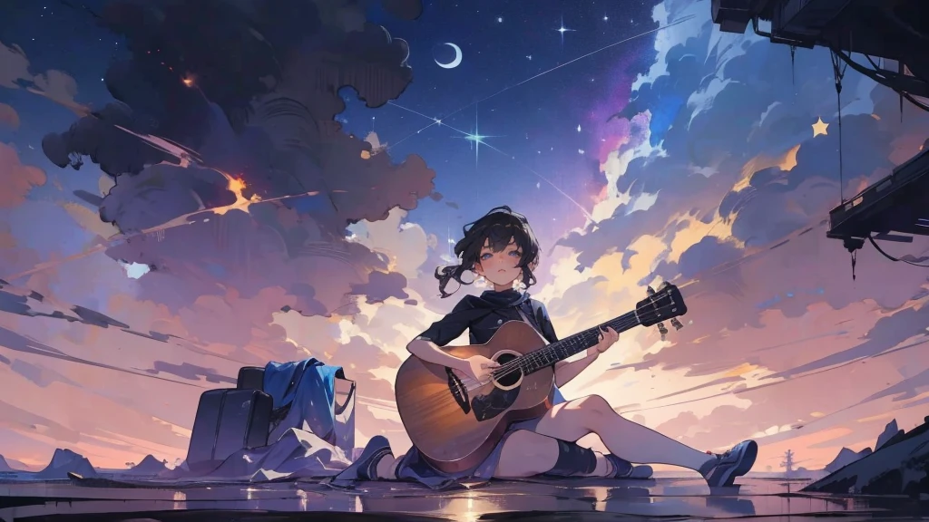 masterpiece,night,(dark alley),star、Night Sky、milky way、octone、
(1. Female), (solo), Knee hugging sitting,acousticguitar