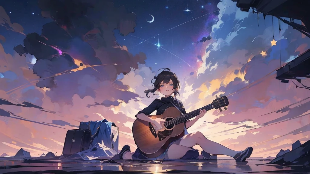 masterpiece,night,(dark alley),star、Night Sky、milky way、octone、
(1. Female), (solo), Knee hugging sitting，acousticguitar