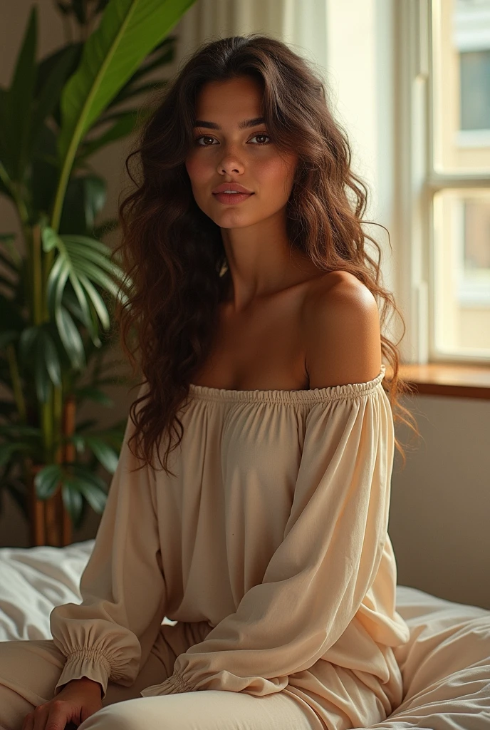 (photorealism:1.2), beautiful woman, sitting on bed, wearing loose off-shoulder top, pajama pants, long curly hair, indoors, soft lighting, plants in background, window with sunlight, cozy room, relaxed pose, realistic, intricate details, warm colors, by Greg Rutkowski, by Alphonse Mucha