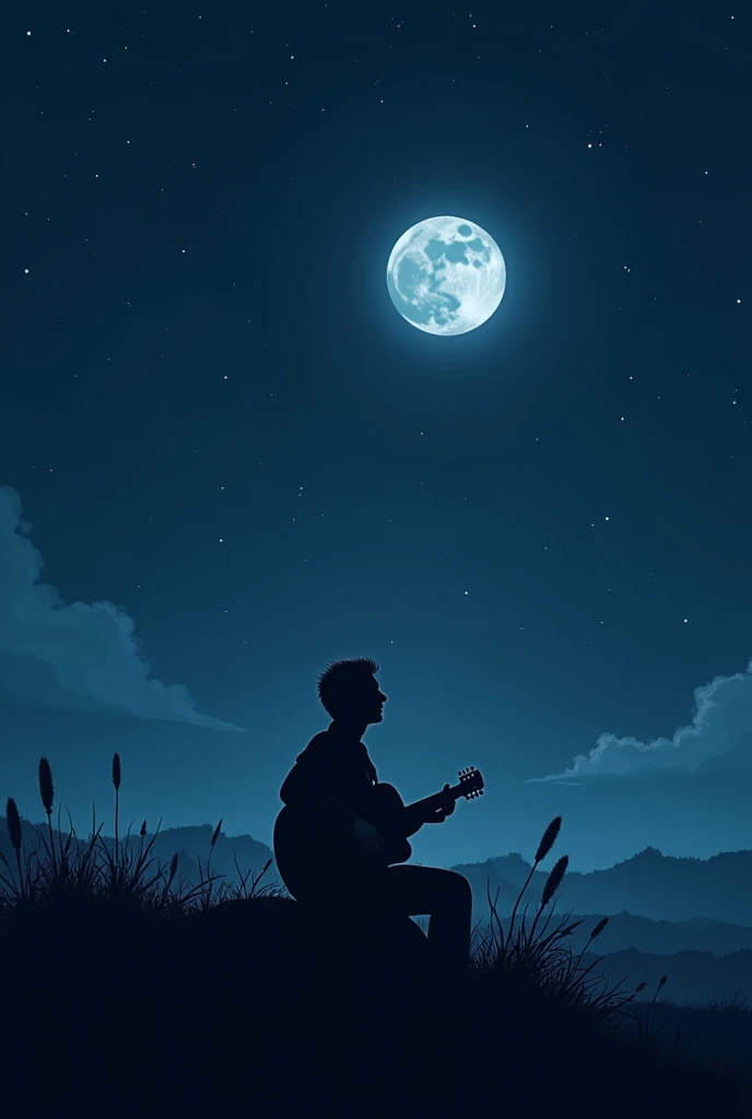 Dark night sky with bright moon and stars under which a men singing with a guitar