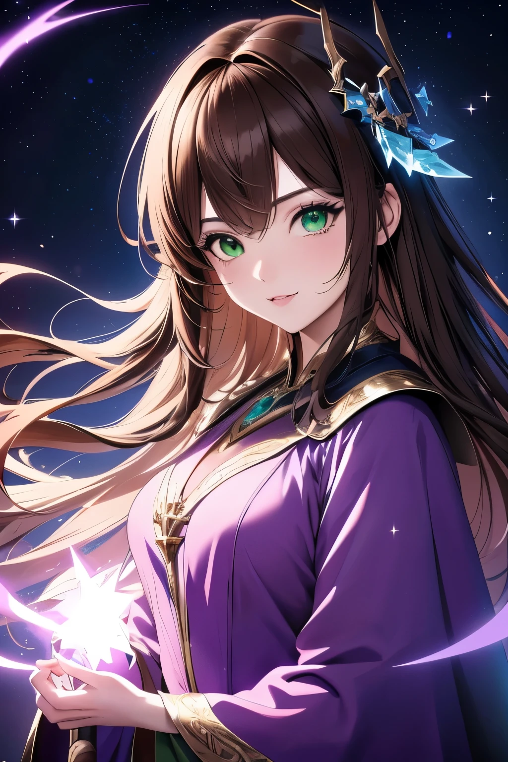 ((masterpiece, Highest quality, High resolution, 超High resolution, Pixel perfect, Written boundary depth, 4K, RTTX 10.0, High resolution))), 1 girl, single, alone, Beautiful Anime Girls, Beautiful art style, Anime characters, ((Shortcuts, bangs, Dark brown hair)), ((Green Eyes:1.4, Round eyes, Beautiful eyelashes, current eyes)), ((Smooth texture:0.75, Anime CG style)), ((Dynamic Angle, close)), Perfect body, (pretty girl), Normal chest, whole body, ((4K, 8k, Highest quality, Perfect Fingers: 1.3, Perfect Anatomy: 1.3, Background Blur)), whole bodyアングル, Illustration of a girl cosplaying, Characters wear fantasy-style wizard costumes, The costume is a deep purple robe and a pointed hat., With a magic wand in his hand, Posing happily, The background is a fantasy-like night sky., The stars are shining, The overall image is a fusion of fantasy and fun.