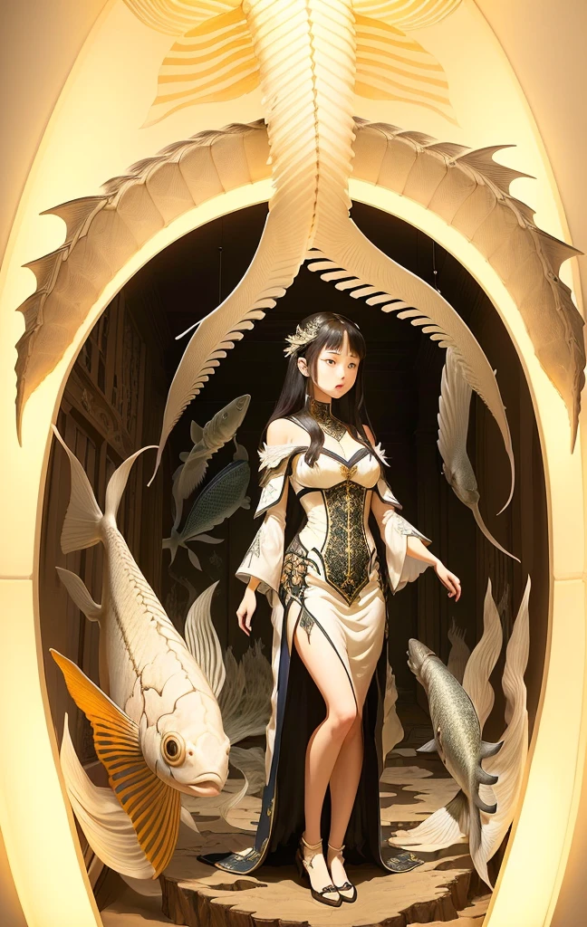 Generate an illustration of a beautiful girl looking at a museum exhibition room lined with fish bone specimens, in the style of Takato Yamamoto. The main focus is on the fish specimens. The exhibition room is dark, and only the fish bone specimens are lit up. Please incorporate fantasy elements into the fantastical scenery.