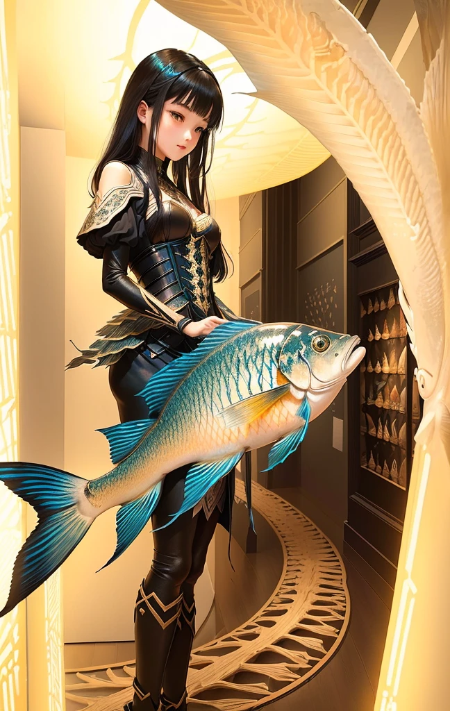 Generate an illustration of a beautiful girl looking at a museum exhibition room lined with fish bone specimens, in the style of Takato Yamamoto. The main focus is on the fish specimens. The exhibition room is dark, and only the fish bone specimens are lit up. Please incorporate fantasy elements into the fantastical scenery.