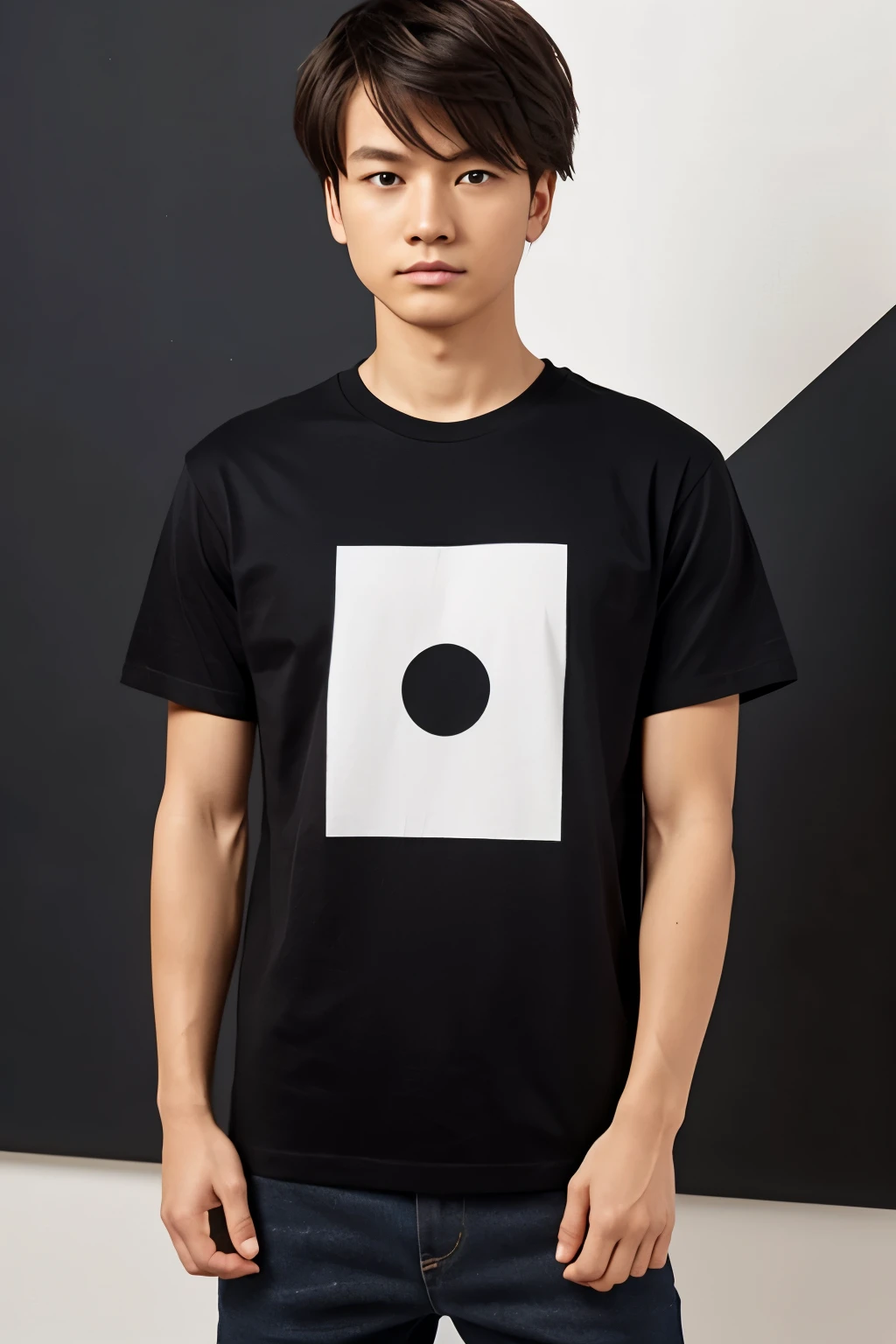 Basic t-shirts, brand called Uno Basic, minimalist logo, little, Simple, simple, letter shapes, 1 basic, minimalism, masterpiece, necessary, anatomically correct, simple background, from one side, minimalism,