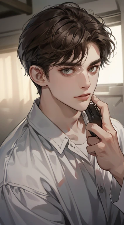 masterpiece, best quality, realistic, 1man, mature male, quiet and charming young man, 35 years old, close his eyes, serious look, extremely detailed face, ((dark grey eyes)), ((short-right-swept dark brown hair)), [thick eyebrows], detective, plain background, cinematic lighting, looking at the audience, posture dynamics, smirk, holding the phone