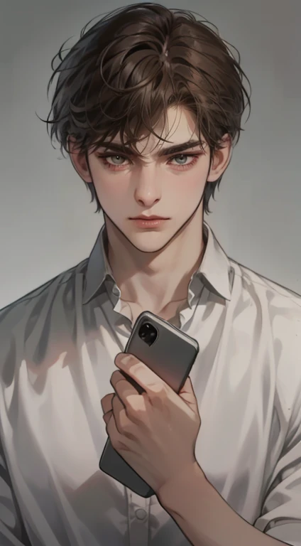 masterpiece, best quality, realistic, 1man, mature male, quiet and charming young man, 35 years old, close his eyes, serious look, extremely detailed face, ((dark grey eyes)), ((short-right-swept dark brown hair)), [thick eyebrows], detective, plain background, cinematic lighting, looking at the audience, posture dynamics, smirk, holding the phone