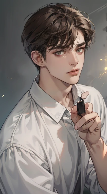 masterpiece, best quality, realistic, 1man, mature male, quiet and charming young man, 35 years old, close his eyes, serious look, extremely detailed face, ((dark grey eyes)), ((short-right-swept dark brown hair)), [thick eyebrows], detective, plain background, cinematic lighting, looking at the audience, posture dynamics, smirk, holding the phone