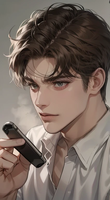 masterpiece, best quality, realistic, 1man, mature male, quiet and charming young man, 35 years old, close his eyes, serious look, extremely detailed face, ((dark grey eyes)), ((short-right-swept dark brown hair)), [thick eyebrows], detective, plain background, cinematic lighting, looking at the audience, posture dynamics, smirk, holding the phone